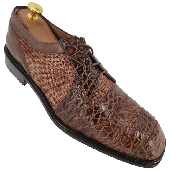 R. Martegani Italy Exotic Alligator and Woven Fabric Brown Dress Shoes Mens 9.5M - Picture 1 of 11